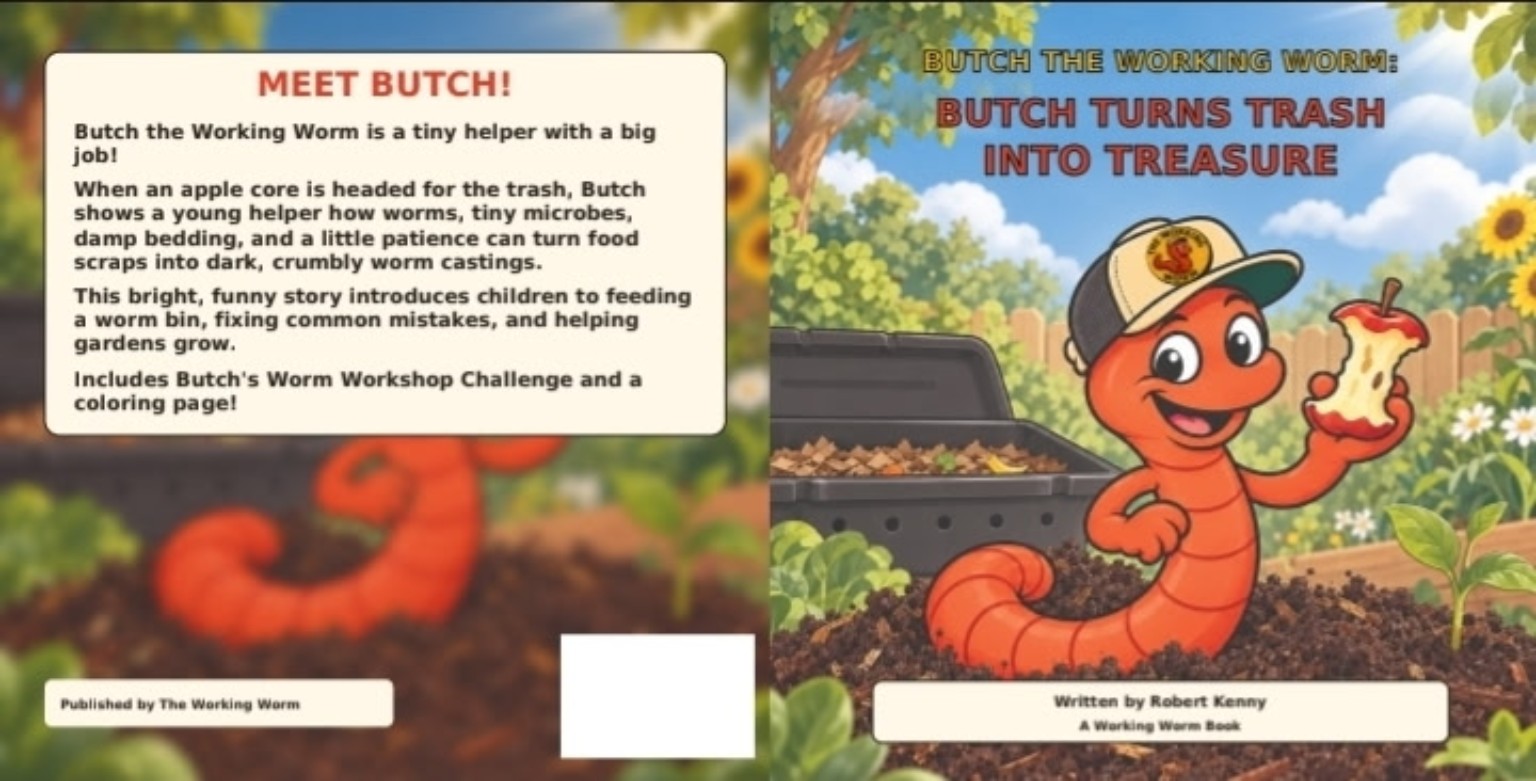 Preview of the front cover for Butch the Working Worm: Butch Turns Trash into Treasure, featuring Butch holding an apple core in a garden